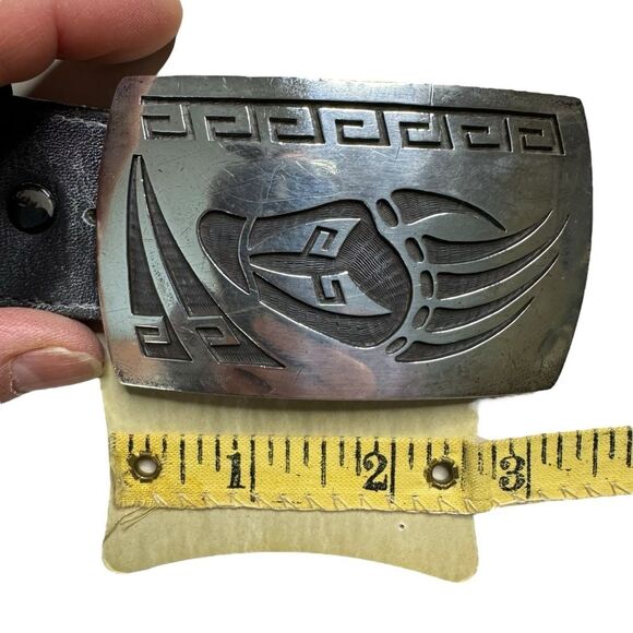 Saufkie Sterling Silver Hopi Belt Buckle Bear Paw Geometric with Black Belt - Picture 3 of 6